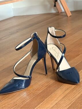 Jessica Simpson Navy Patent Pointed-Toe Strappy Stiletto Heels
